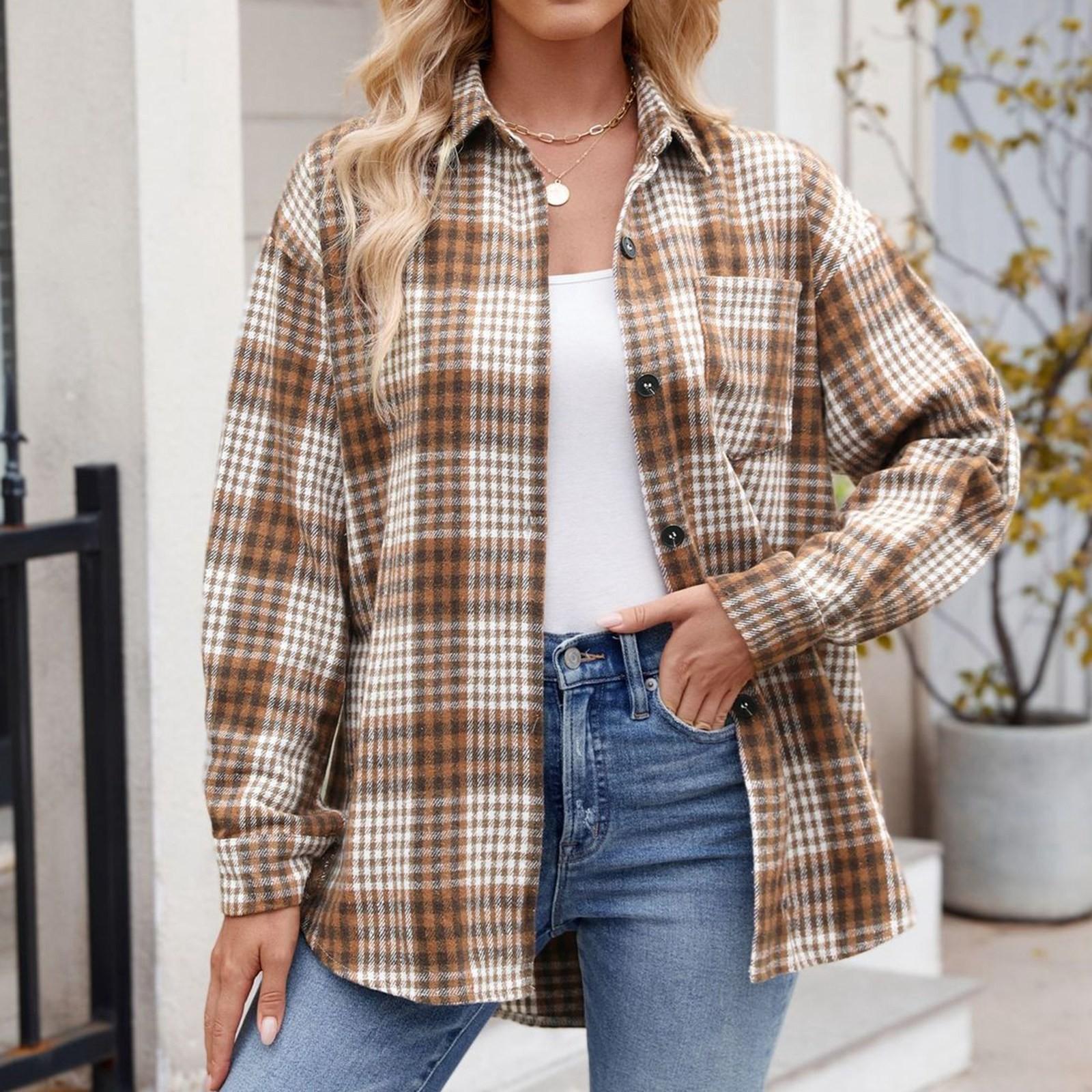 

Жіноча модна широка сорочка в клітку з довгими рукавами і вільними ґудзиками L