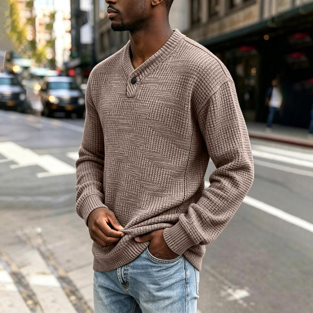Men's V-Neck Knit Pullover Sweater with Long Sleeve for Fall and Winter