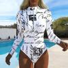 Women Long Sleeve One Piece Swimsuit Zip Front Tropical Flowers Print Rash Guard Surfing Bathing Suit