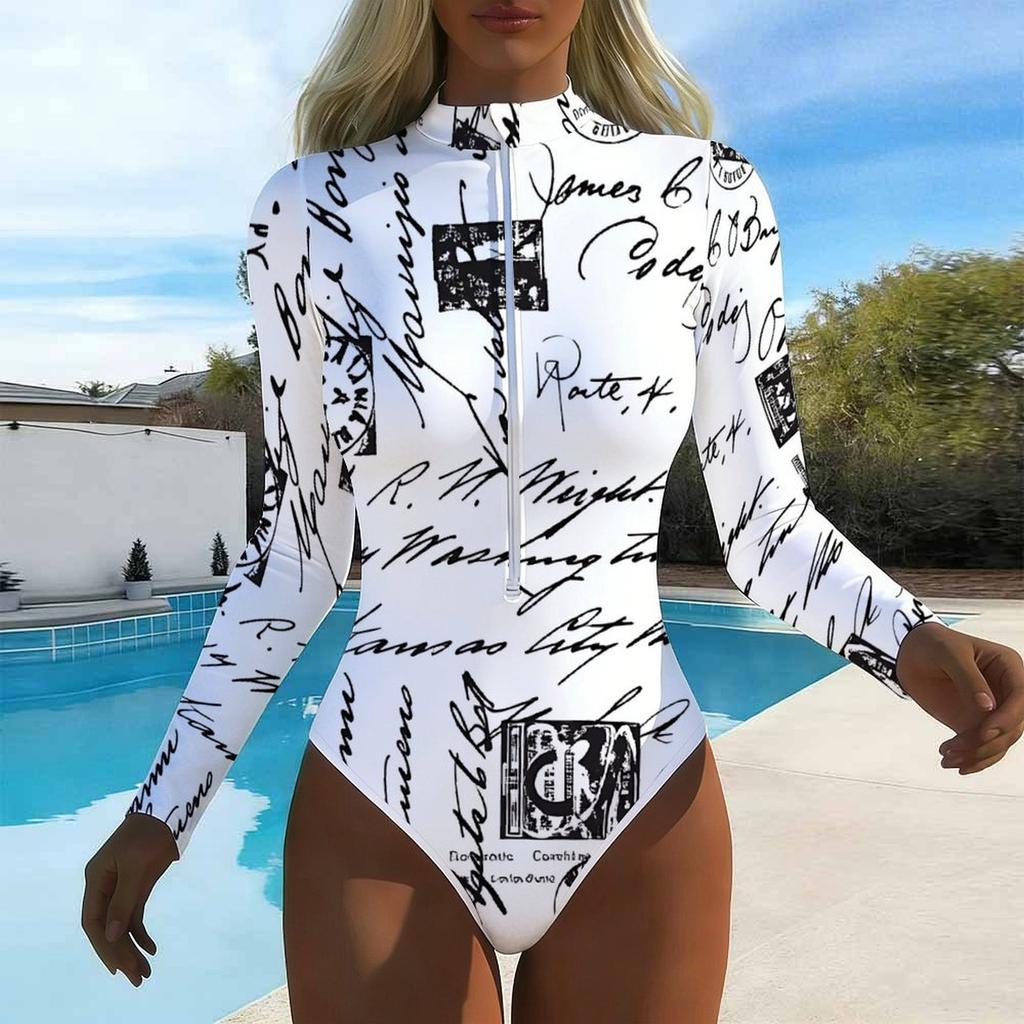 Women Long Sleeve One Piece Swimsuit Zip Front Tropical Flowers Print Rash Guard Surfing Bathing Suit