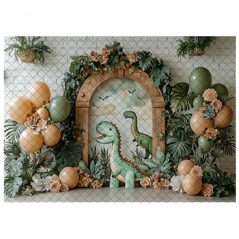 Dinosaur Theme Backdrop Photography Tropical Forest Arch Balloon Decor Birthday Cake Smash Kids Portrait Photo Background Studio