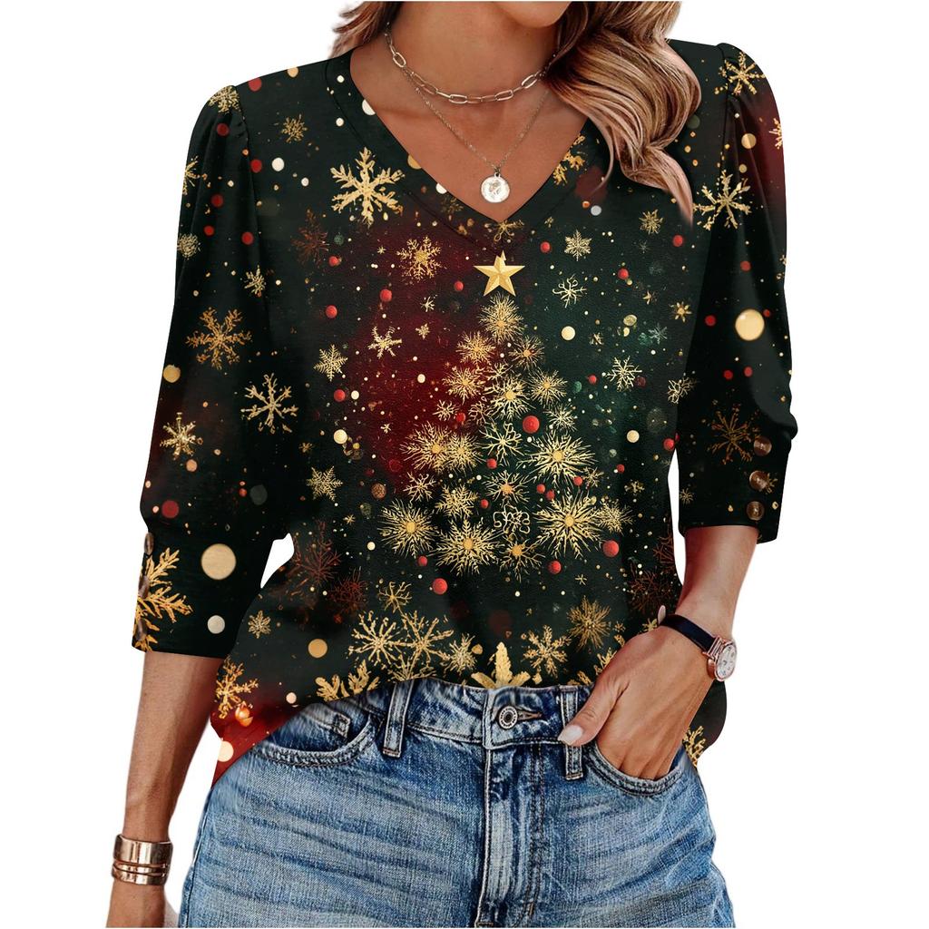 Women's Fashionable Casual Christmas Printed V-neck Top