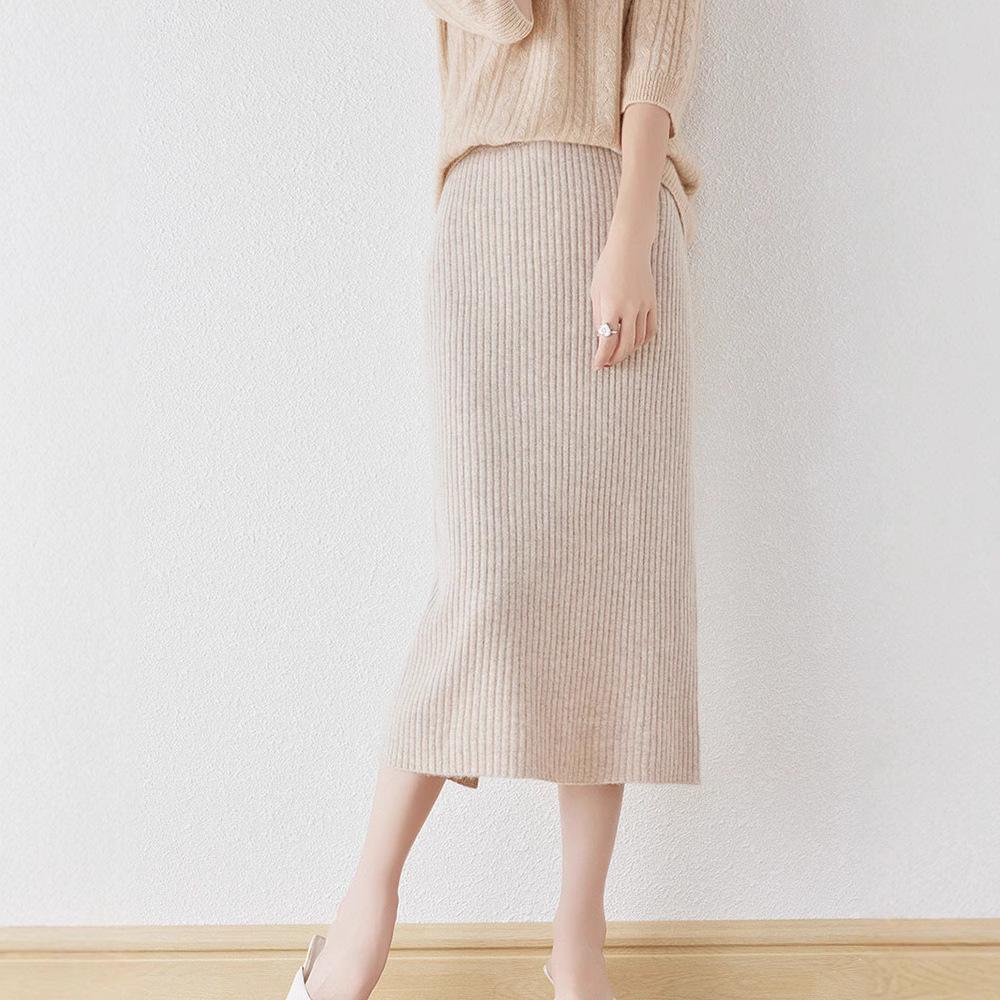 Women's 100% Wool Elastic High-Waist Knitted Midi Skirt with Back Slit