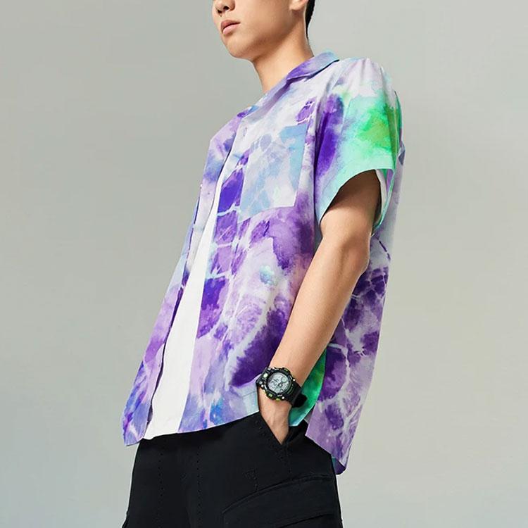Li-Ning Summer Party Tie-Dye Logo Print Button-Down Collar Short Sleeve Shirt Men Tops Rhodamine-Purple ASHS889-1