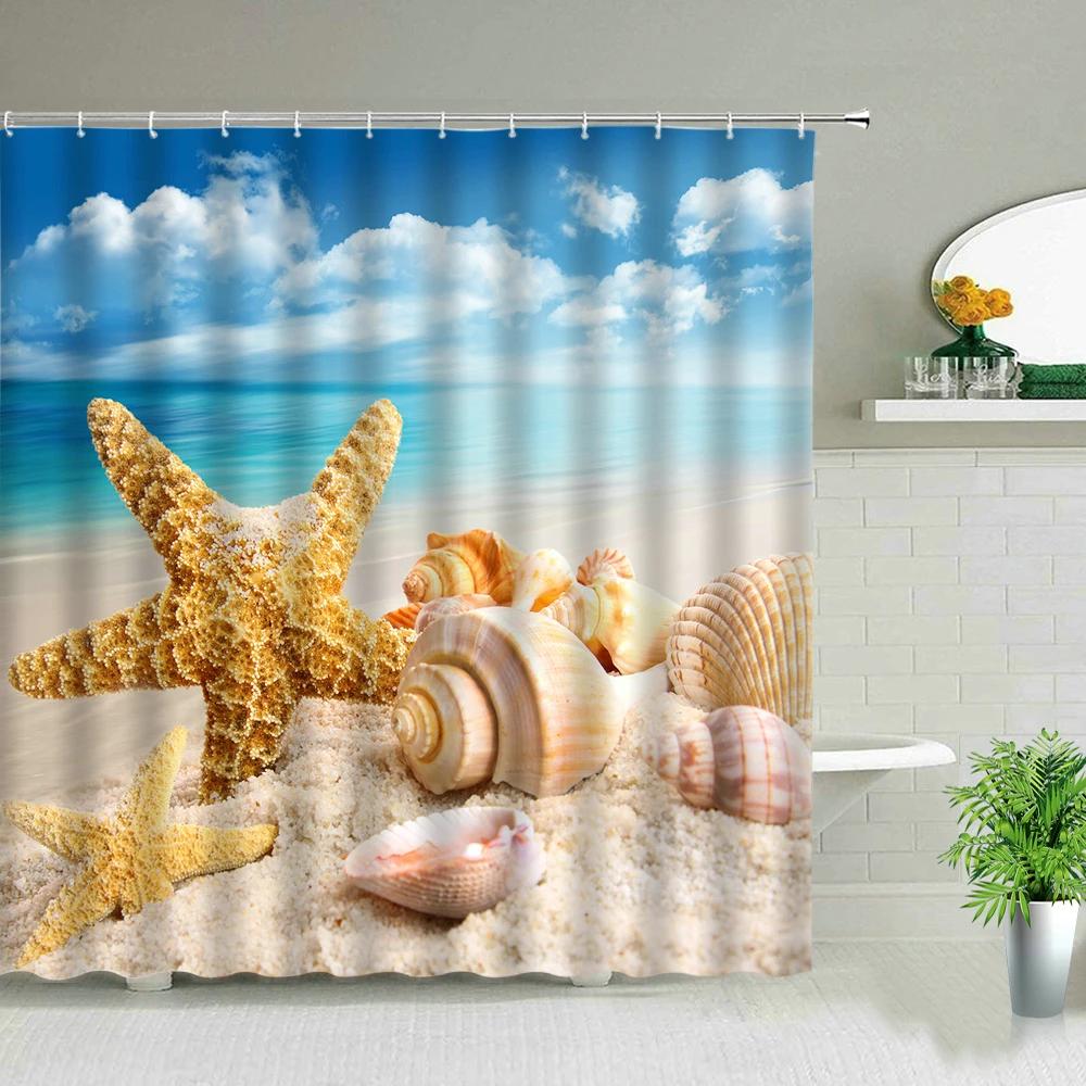 Palm Tree Ocean Scenery Shower Curtains Beach Sea Landscape Waterproof Polyester Fabric Bathroom Decor Bath Curtain with Hooks