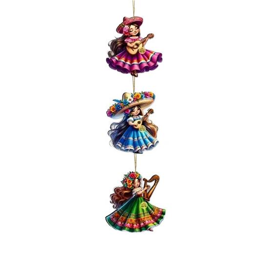 Yousheng 12 Pcs Mexican Dancing Girls Ornament Cinco De Mayo Hanging Decoration Wooden Fiesta Mexico Ornament for Carnivals Party Favors Home Tree
