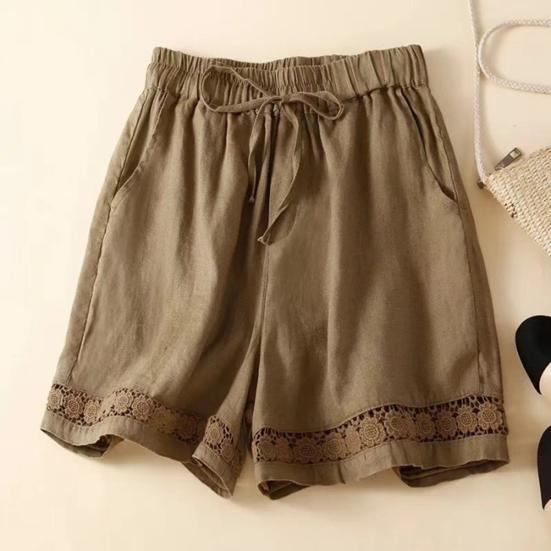 Women's Loose Boho Summer Shorts Drawstring Comfy Elastic Waist Shorts High-Waisted Wide-Leg Hollow Floral Lace Shorts