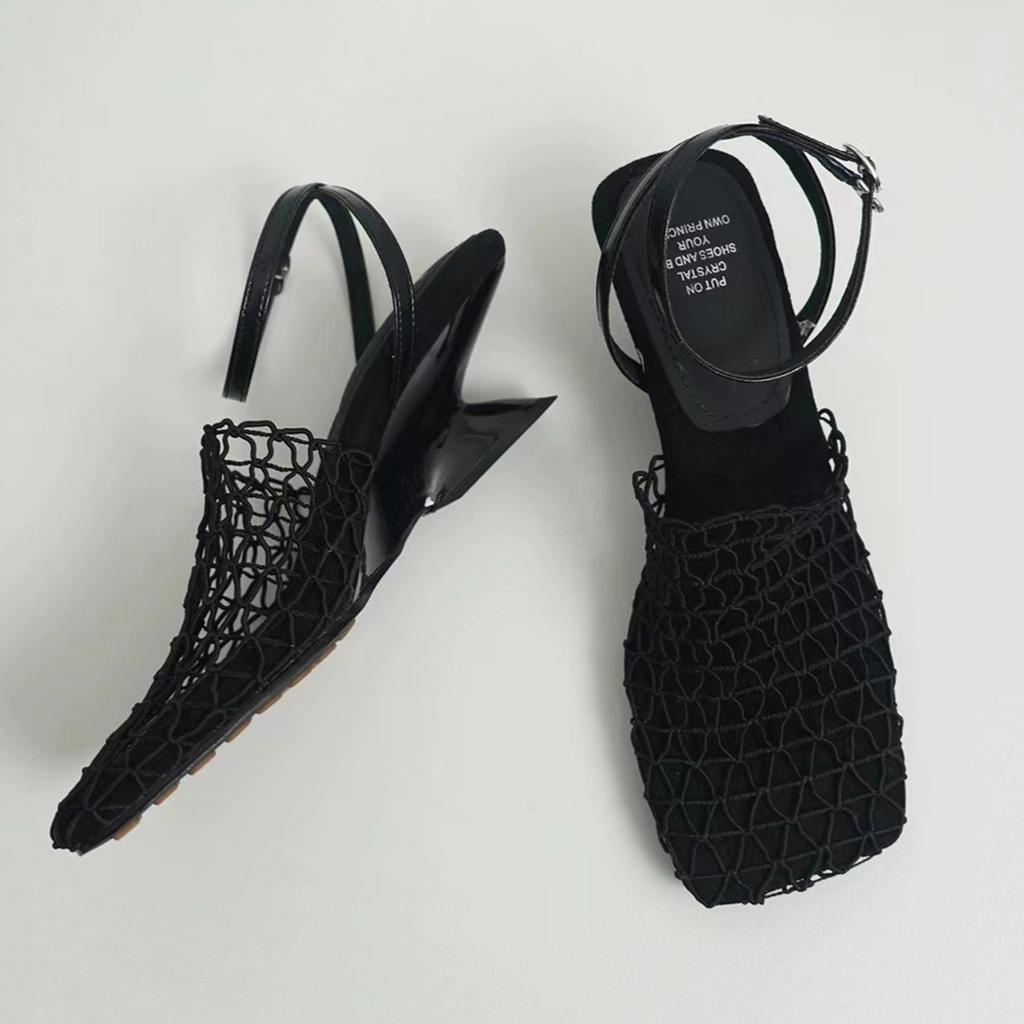 Weave Mesh Women Heeled Sandals Hollow High Heels Shoes Woman Square Toe Slingback 2025 Summer Trend Beach Pumps Sandalias Mujer