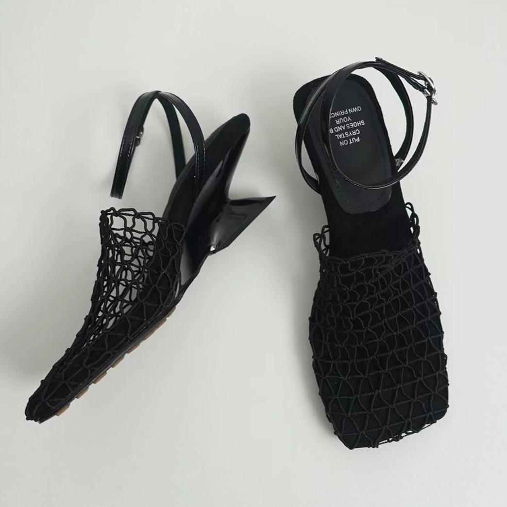 

Модные плетеные сетчатые женские босоножки на каблуке, туфли на высоком каблуке с вырезами, женские туфли с квадратным носком и ремешком сзади, летний тренд 2025, пляжные туфли-лодочки, Sandalias Mujer 40 чёрный