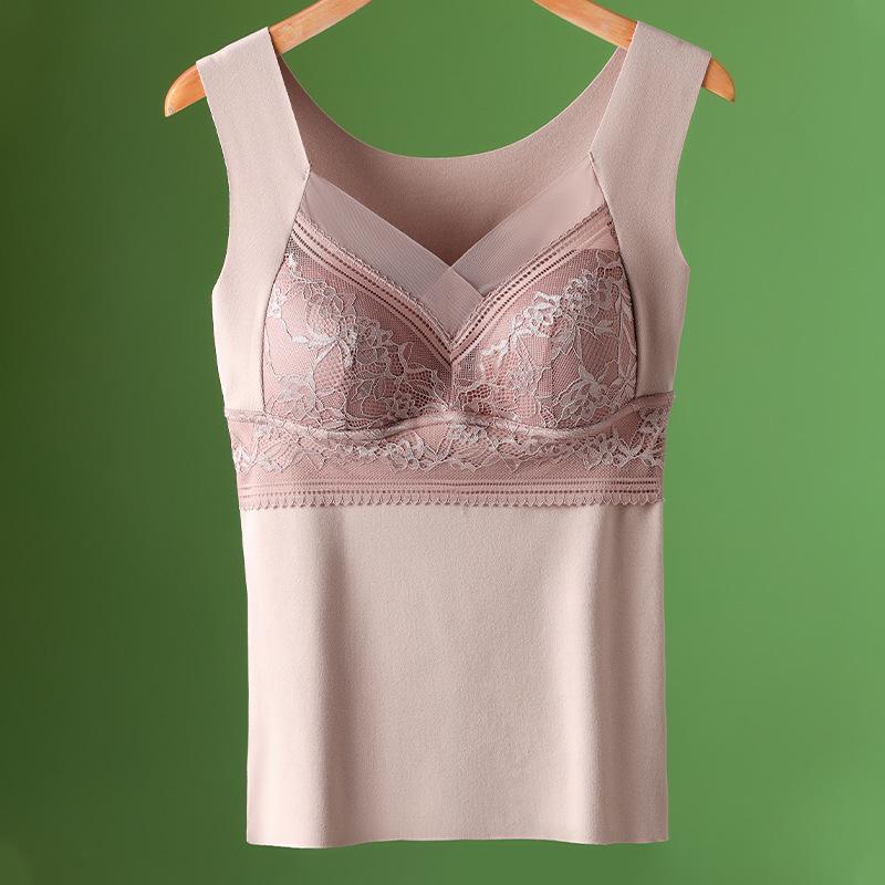 

Женский терможилет из бархата с начесом и кружевом с фиксированными чашками — двухсторонний, бесшовный и теплый для осени и зимы L (80-100 jin)