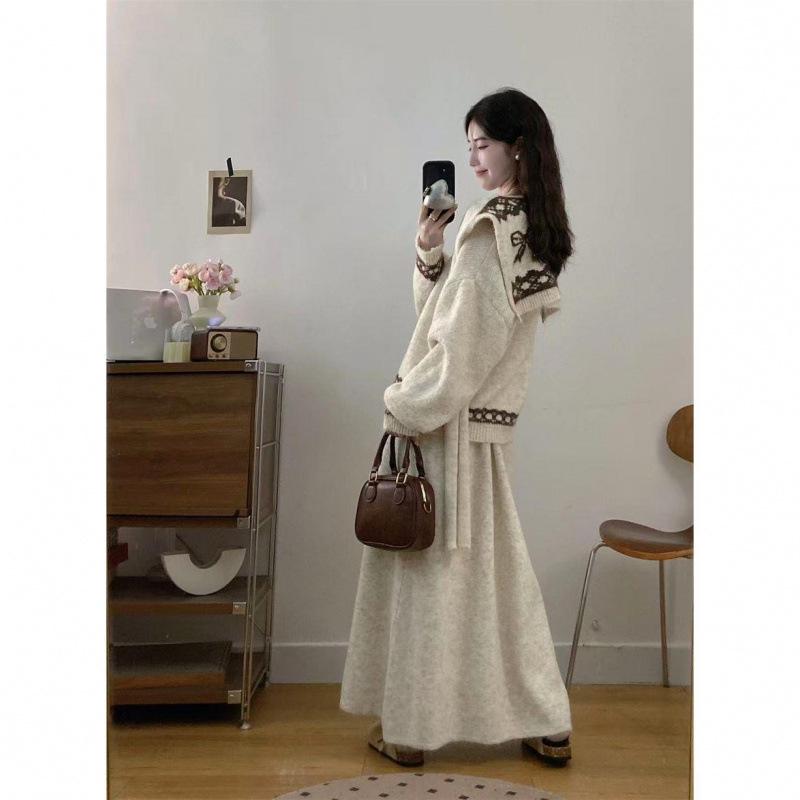 Korean Style V-Neck Jacquard Sweater & Knit Skirt Set - Plus Size, Loose Fit