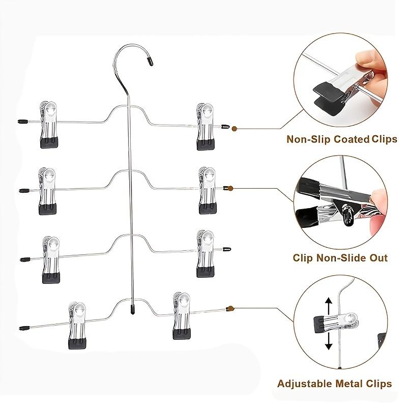 Four-layer dress hanger with 8 clips. Adjustable non-slip hanger. Made of stainless steel. Foldable for drying clothes.
