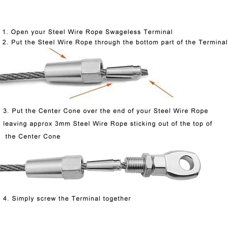 A03E-2Pcs Marine Grade 316 Stainless Steel Swageless Eye Terminal Wire Cable Rope Diy Fitting Rigging Hardware Balustrade Kit