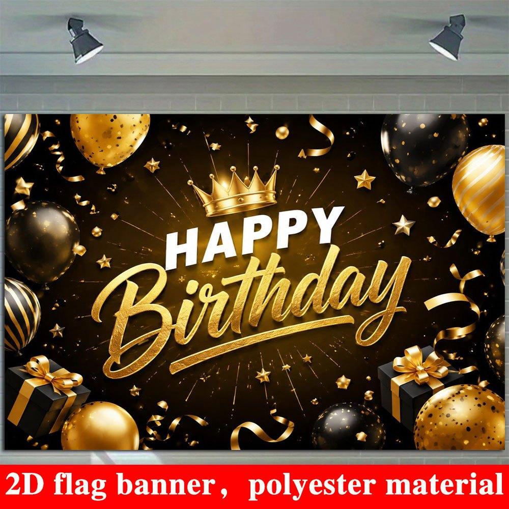 2D Flat Banner, Black and Golden Backdrop, Crowns, Balloons, Gift Boxes, Stars, Birthday Wedding Decoration