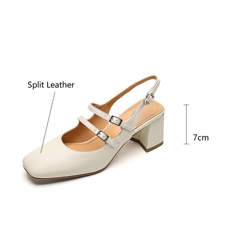 Fashion Summer Sandals Mary Jane Shoes Square Toe High Heels Cover Toe Back Strap Roman Sandals for Women Split Leather Women Sandals