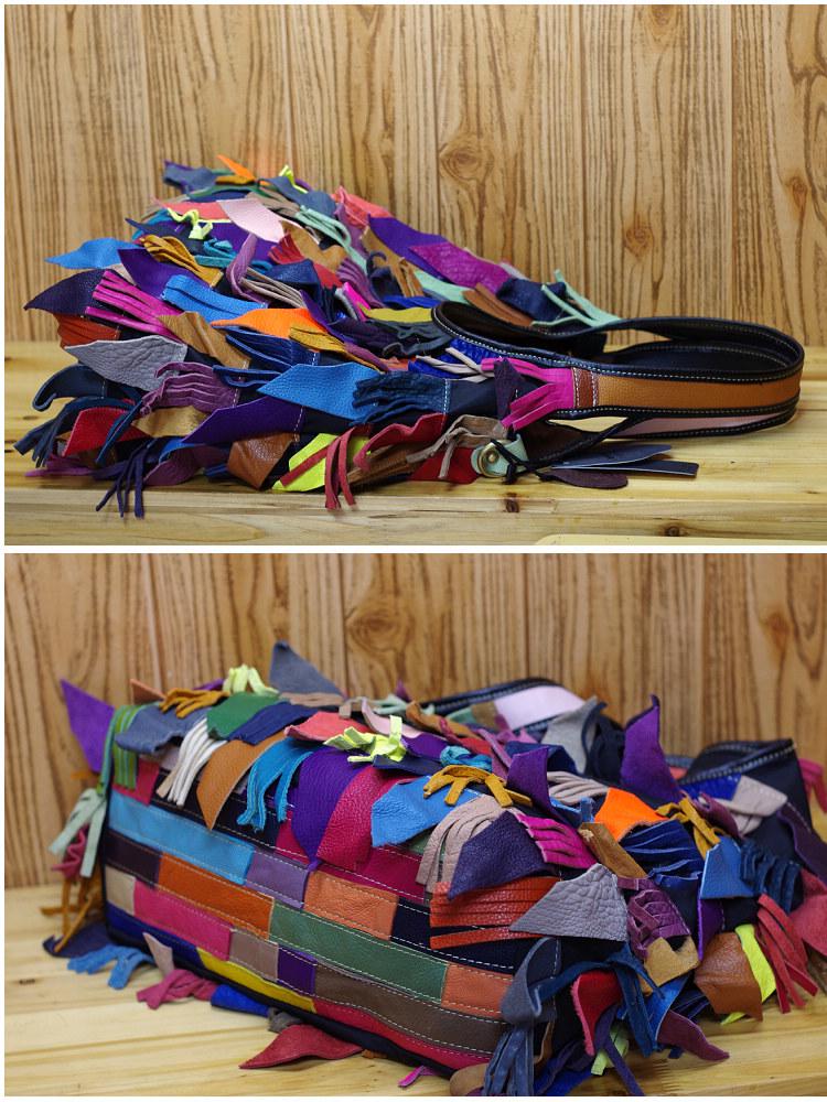 Geantă Crossbody și de Umăr Colorată din Piele de Vacă cu Ciucuri în Stil Mori pentru Femei