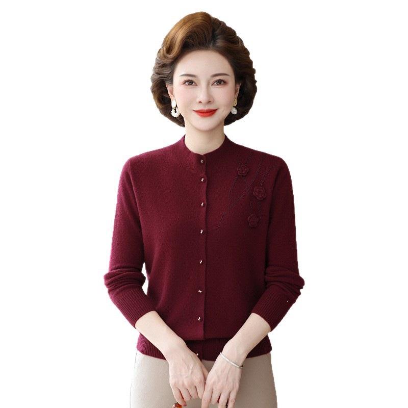 Autumn/Winter Embroidered Wool Cardigan with Stand-up Collar for Middle-aged & Elderly Women