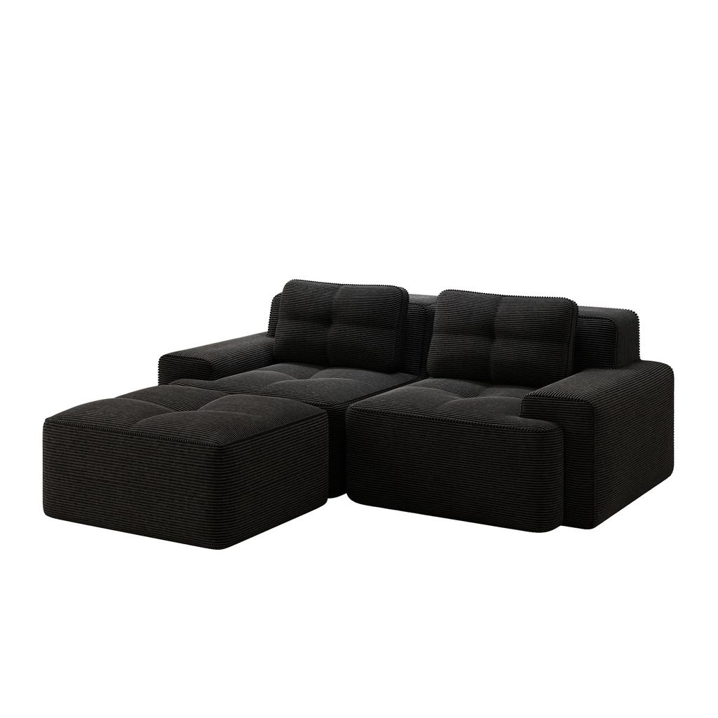 Knochenloses, Modernes L-förmiges Modulsofa für das Wohnzimmer mit tiefer Sitzfläche, Bequemes Cord-Wolkensofa mit Hocker, Geknöpftes Zweisitzer-Schlafsofa, Schwarz
