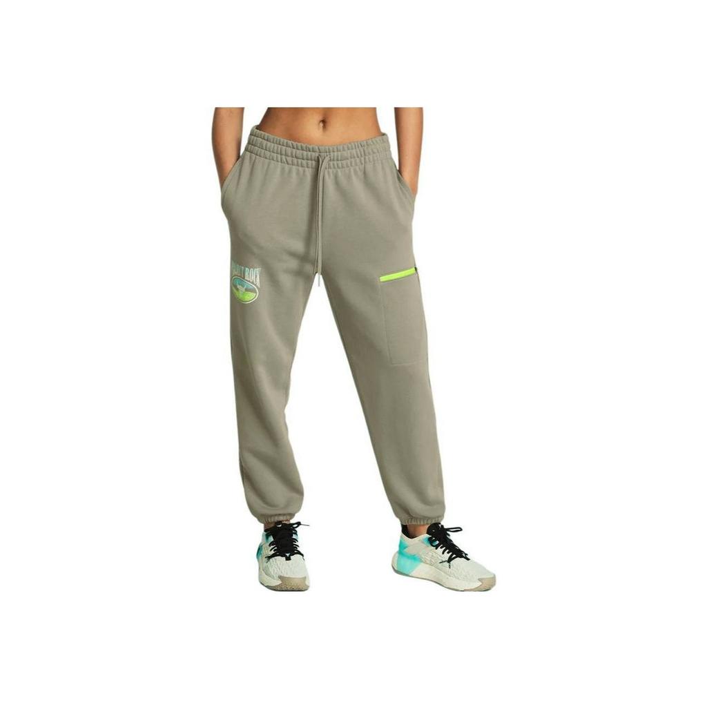 Under Armour Pjt Rock Hw Terry Letter Print Drawstring Mid Waist Cuffed Casual Pants Women Pants Khaki 1383305-203