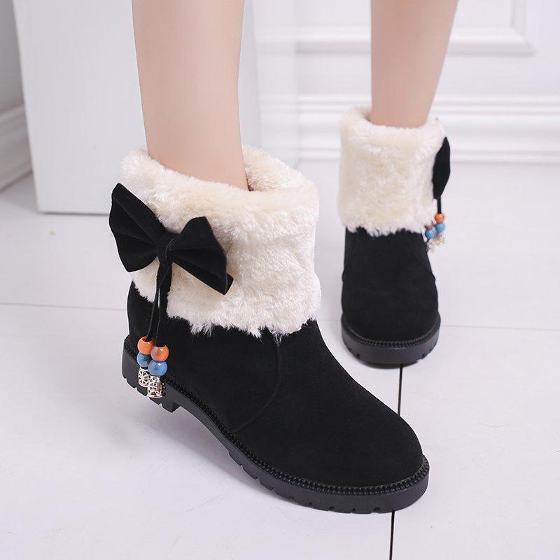 Winter Snow Boots Women's New Round Head Flat Bottom Bow Cotton Shoes Short Tube Velvet Student Women's Boots