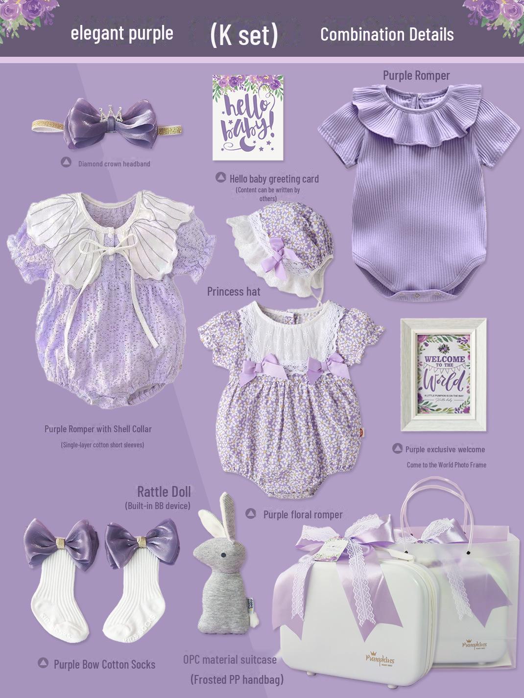 

Подарункова коробка для маленької принцеси: Фіолетовий комплект з чистої бавовни для новонароджених дівчаток Size 59 (Newborn - 1 month)