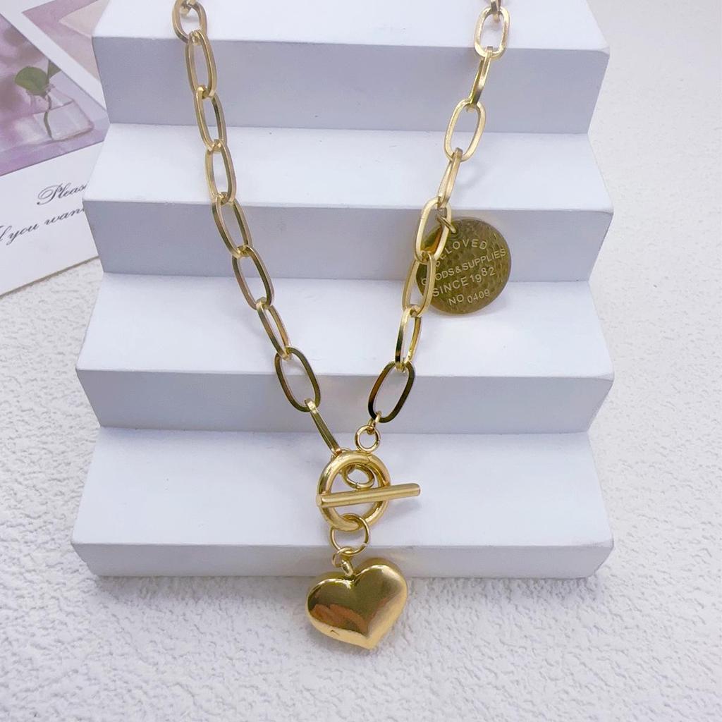 European & American Titanium Steel Thick Chain Heart Pendant Choker Necklace for Women