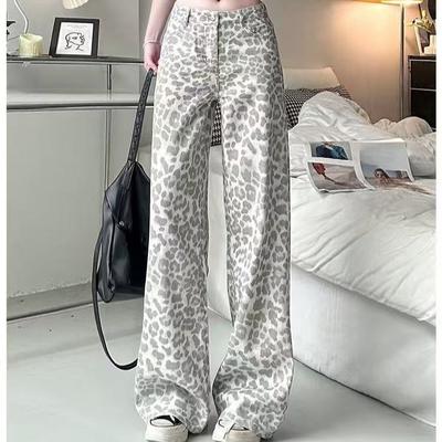 Y2K Hole Leopard Jeans Women Harajuku Vintage American High Waist Denim Pants Spring Streetwear Hip Hop Female Loose Trousers