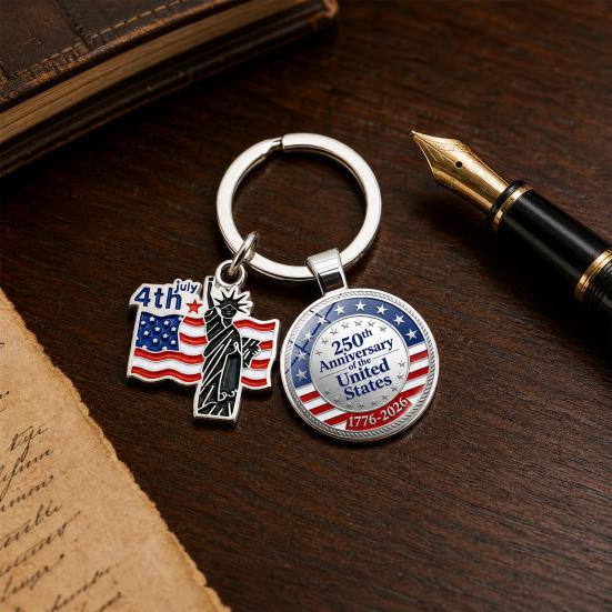 Pendentif Porte-clés, Porte-clés Double Pendentif Combiné, Porte-clés pour le 250e Anniversaire de la Fondation des États-Unis avec Anneau Métallique Épaissi