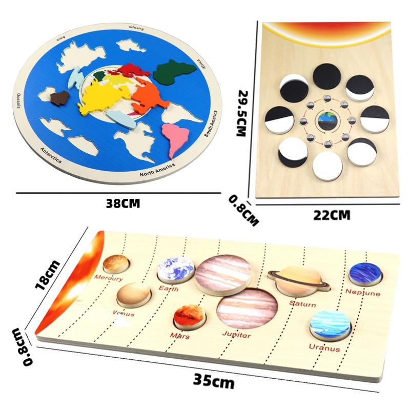 Wooden Planet Puzzles Parish Learning Montessori Toys Kids Moon Phase Change Cognitive World Map Matching Game for 3-6 Years Old
