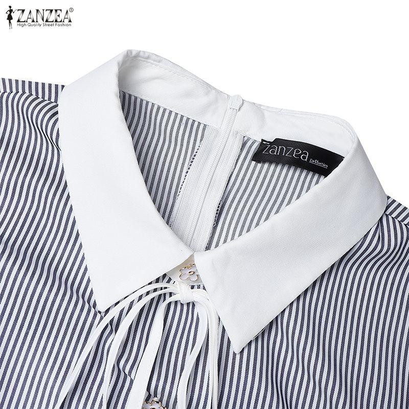 ZANZEA Women Casual Turn Down Collar Summer Short Sleeve Stripe Dress