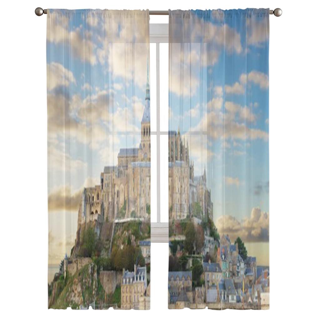 Nahaufnahme des Mont Saint Michel bei Sonnenuntergang in Frankreich, transparente Tüllvorhänge für Wohnzimmer, Küchendekoration, Voile-Organza-Vorhänge