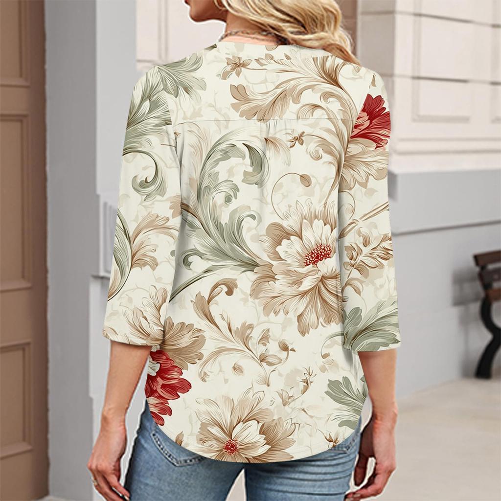 Women's Fashionable Casual Retro Floral V-Neck Decorative Button Three-Quarter Sleeve T-Shirt Top