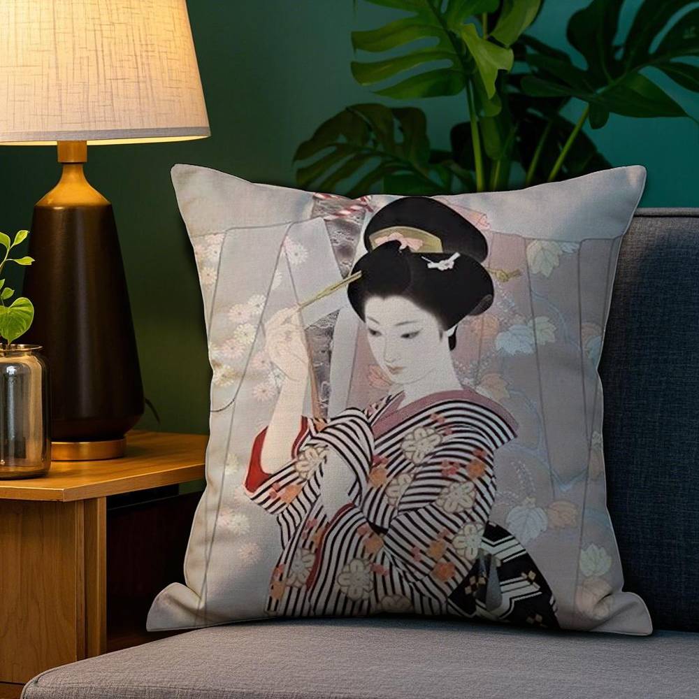 

Classic Japanese Lady Pillow Case Plush Fabric Soft Double Sided Print Sofa Cushion Cover Throw Pillow Covers 12x12Inch