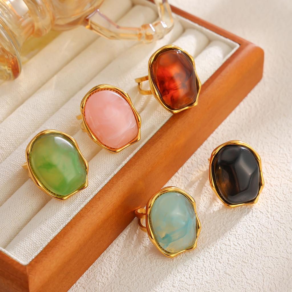 KunJoe Exquisite Multi-Color Acrylic Resin Adjustable Ring Women 18K Gold Plated Stainless Steel Rings Summer Waterproof Jewelry
