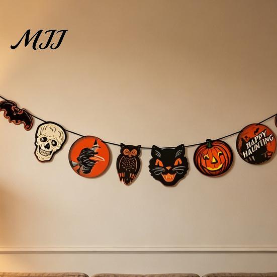 Durable Halloween Decoration Vintage Garland Decorations Spooky Wooden Pumpkin Skull Owl Witch Eco-friendly Banner Bat Hanging Bunting for Party Home