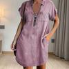 Women Mini Dress Zipper Decor Lapel Short Sleeves Patch Pockets Irregular Hem