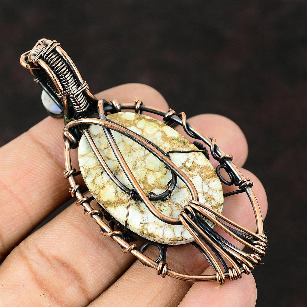 Evil Eye Wild Horse Magnesite Copper Pendant Gemstone Copper Wrapped Jewelry Handmade Designer Pendant Rainbow Moonstone Evil Eye Pendant