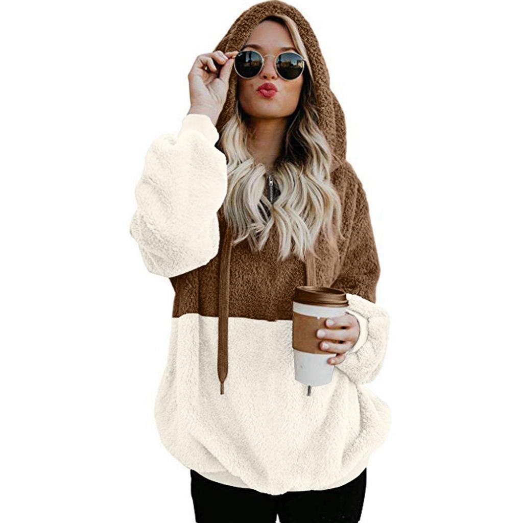 Women's Color Block Pullover Hoodie Half Zip Sherpa Fleece Sweatshirt Long Sleeve Casual Warm Outerwear