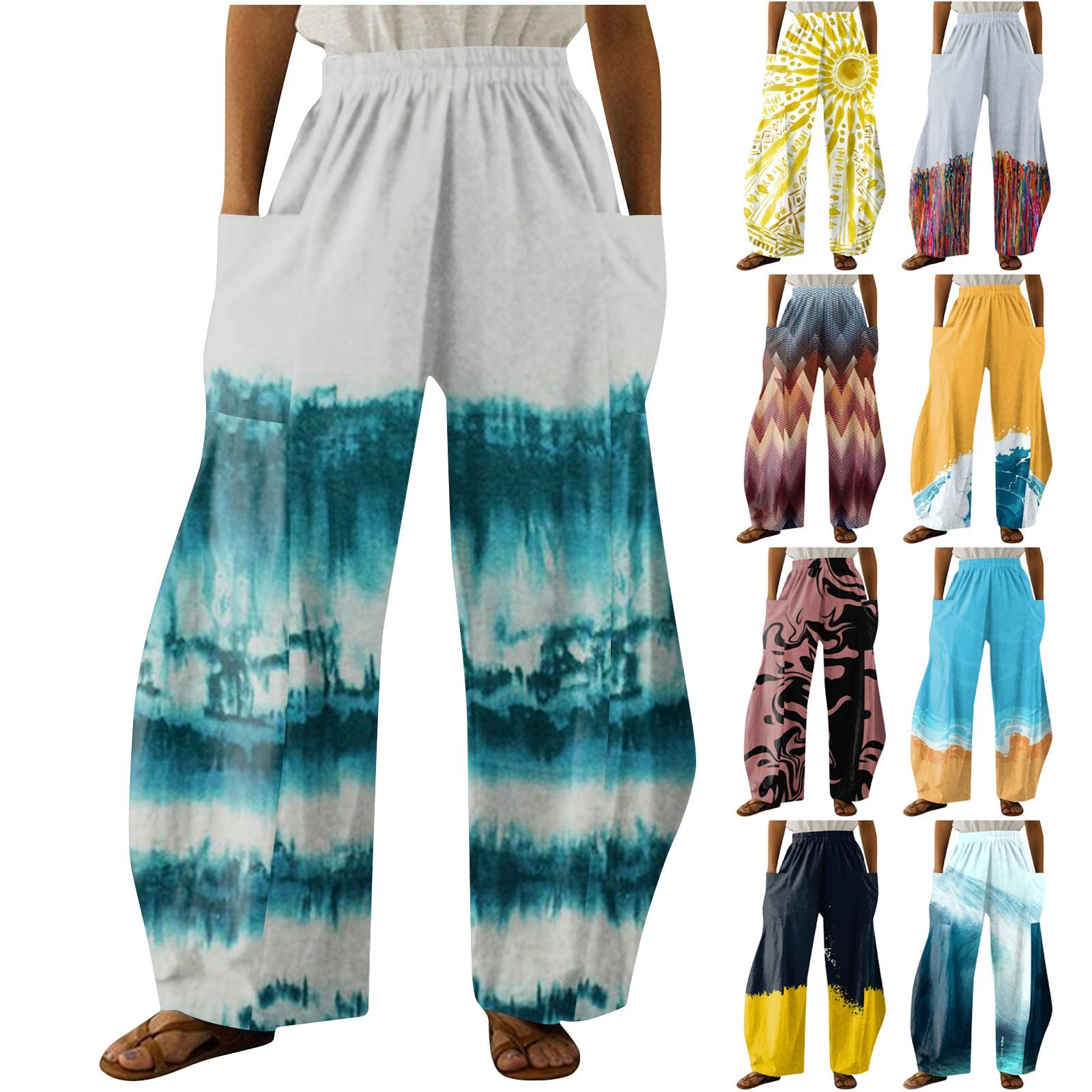 

(Куниде) Женские модные свободные домашние брюки с эластичным поясом и принтом, повседневные прямые брюки с карманами