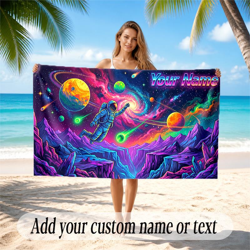 Astronaut Space Theme Quick Dry Beach Towel Custom Name Text Print Large Sand Resistant Towel Beach Vacation