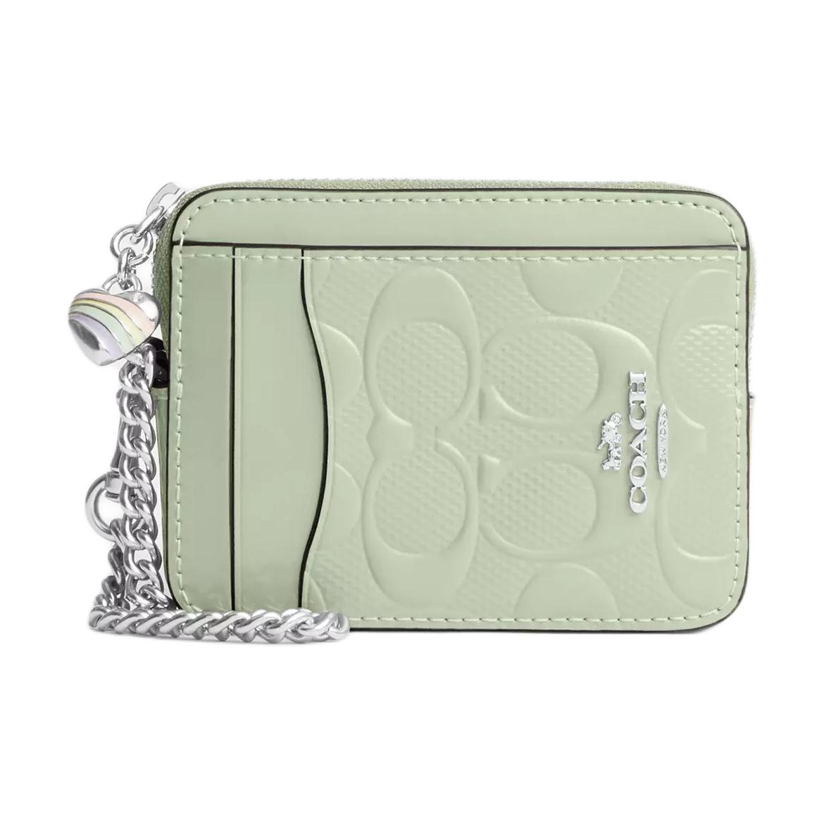 Coach 11 Zippered Pocket Logo Signature Leather Card Case Women Accessories Silver Light-Green CDQ15-SVA5 Silver & Light Green