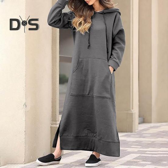 Kvinner Høst Vinter Ensfarget sweatshirtkjole Hette med snøring Langermet frontlomme sidesplitt maxikjole