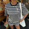 Women's Summer Casual Two Piece Set Short Sleeve Top and Shorts Lightweight Striped Knit Lounge Wear Soft Fabric