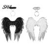 Black Fallen Angel Wings Feather Wing for Women Girls, Soft Organza Costume Accessory Elastic Strap with Headband Photo Booth, Halloween Cosplay