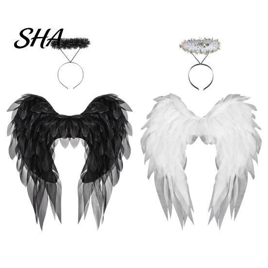 Black Fallen Angel Wings Feather Wing for Women Girls, Soft Organza Costume Accessory Elastic Strap with Headband Photo Booth, Halloween Cosplay