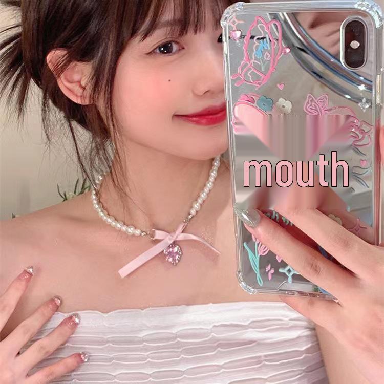 Romantic Pink Heart Bow Pearl Necklace - Sweet Pure Desire Women's Choker