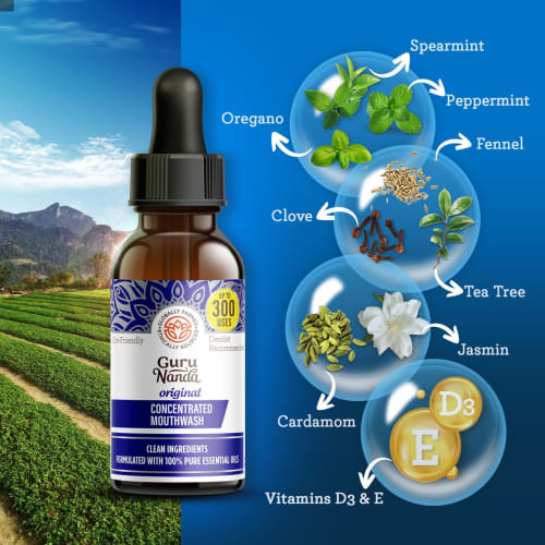 GuruNanda Concentrated Mouthwash, Helps with Bad Breath, Promotes Teeth Whitening, Made with 100% Natural Essential Oils, 1 Bottle Equals 300 Rinse, F