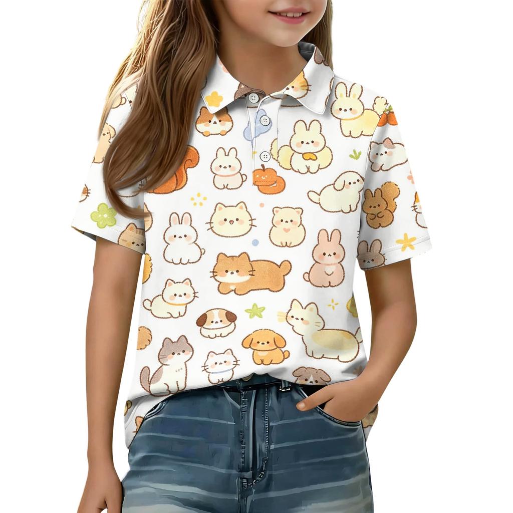 Kids Casual Short Sleeve Polo Shirt Animal Pattern Printed Lightweight Comfortable Breathable Tee Top for Everyday Wear