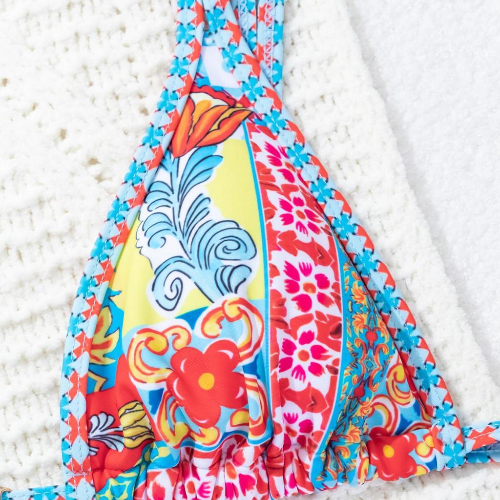 2024 European & American Print Triangle Cup Tie-Up Bikini Swimsuit for Women