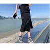 Qooth Casual Women Black Denim Skirt Side Slits Asymmetrical Bodycon Mid Length Slim Simple Skirt QT2652